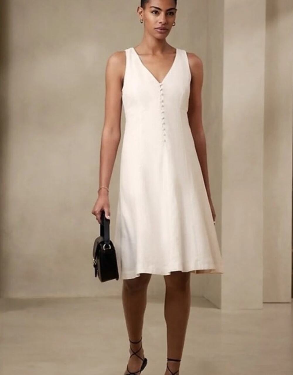 Banana Republic Linen Blend Button Front Midi Dress Ivory White 10 Sleeveless